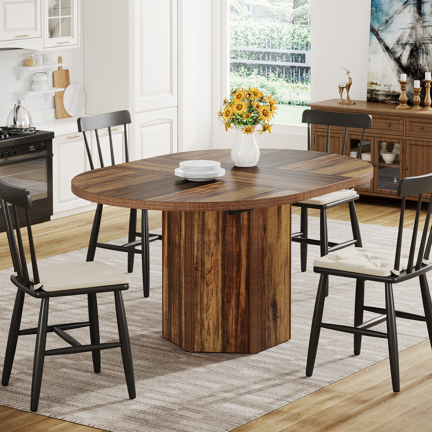 Millwood Pines Wood Dining Table For 4-6 People, 55" Oval Kitchen Dinner Table With Wood Base ...